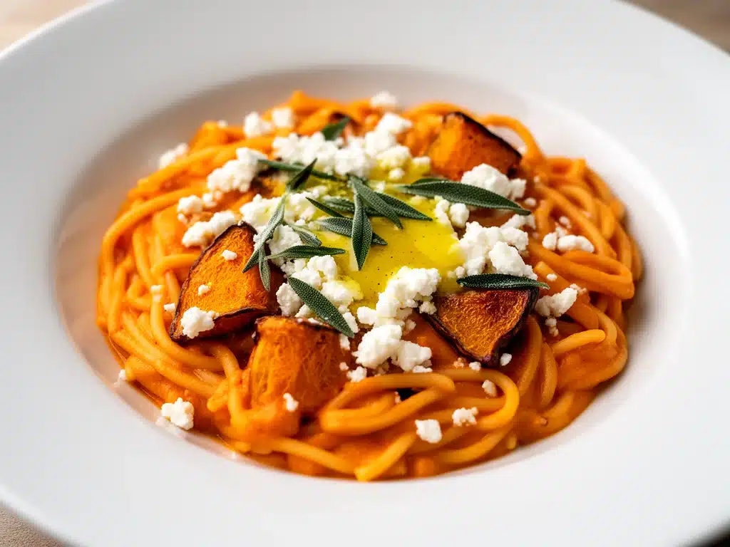 cremige Kürbis Pasta mit Feta und Salbei - featured image