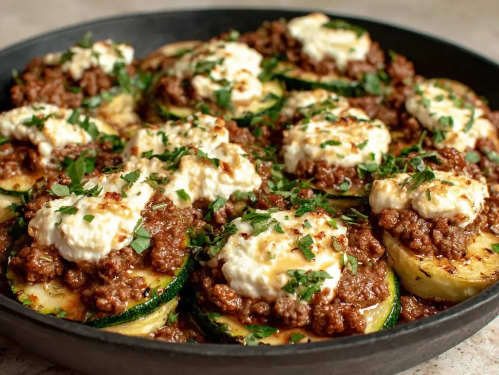 Cremige Zucchini Hackfleisch Pfanne mit Frischkäse - featured image