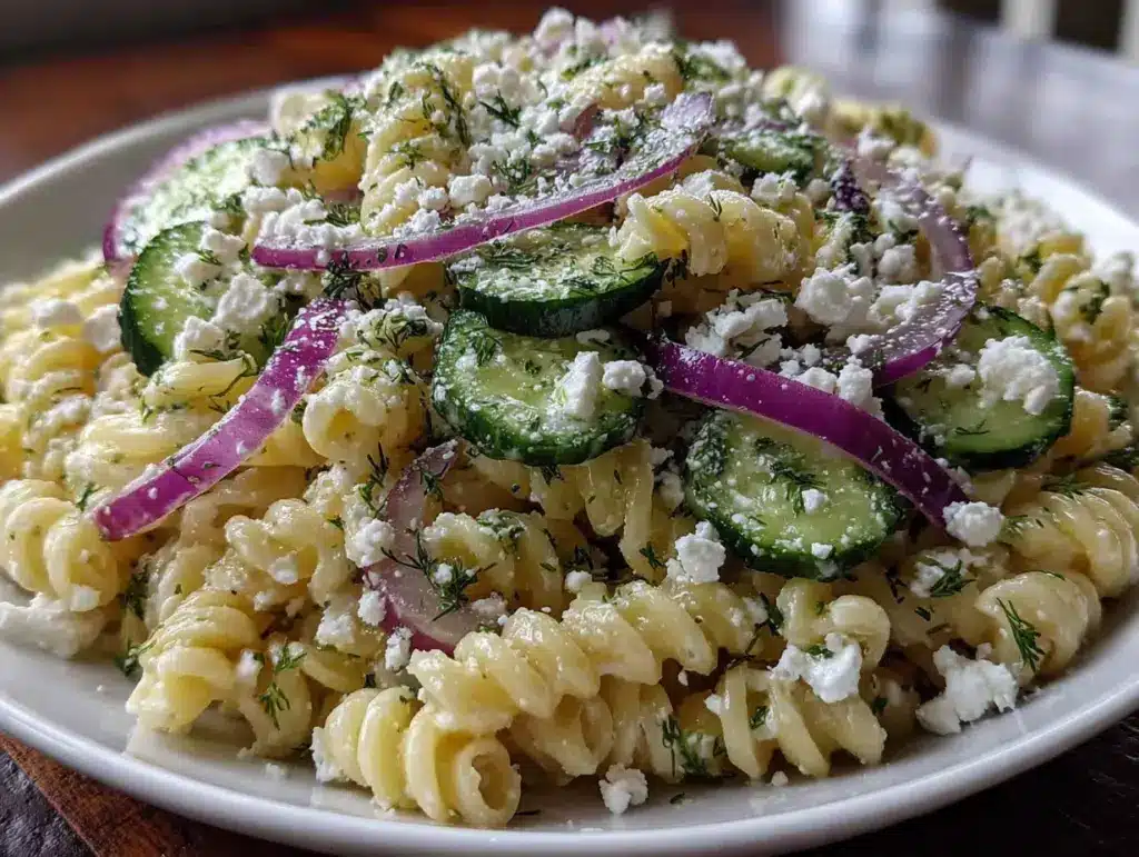Günstiger Nudelsalat mit Feta und Gurke - featured image